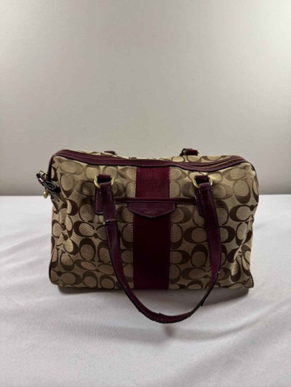 Coach Signature C Satchel Handbag Khaki Burgundy Leather 12x8